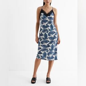Express Satin Printed Lace Trim V-Neck Midi Downtown Cami Slip Dress - Blue - S